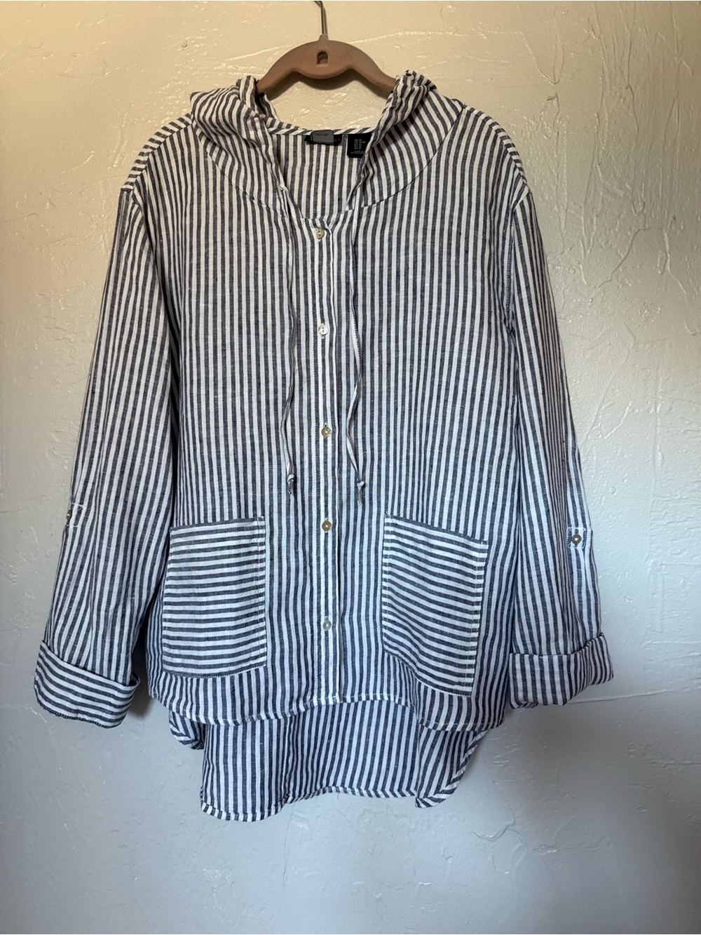 Striped Hooded Button-Down Shirt Jacket - Blue/White, Linen, New